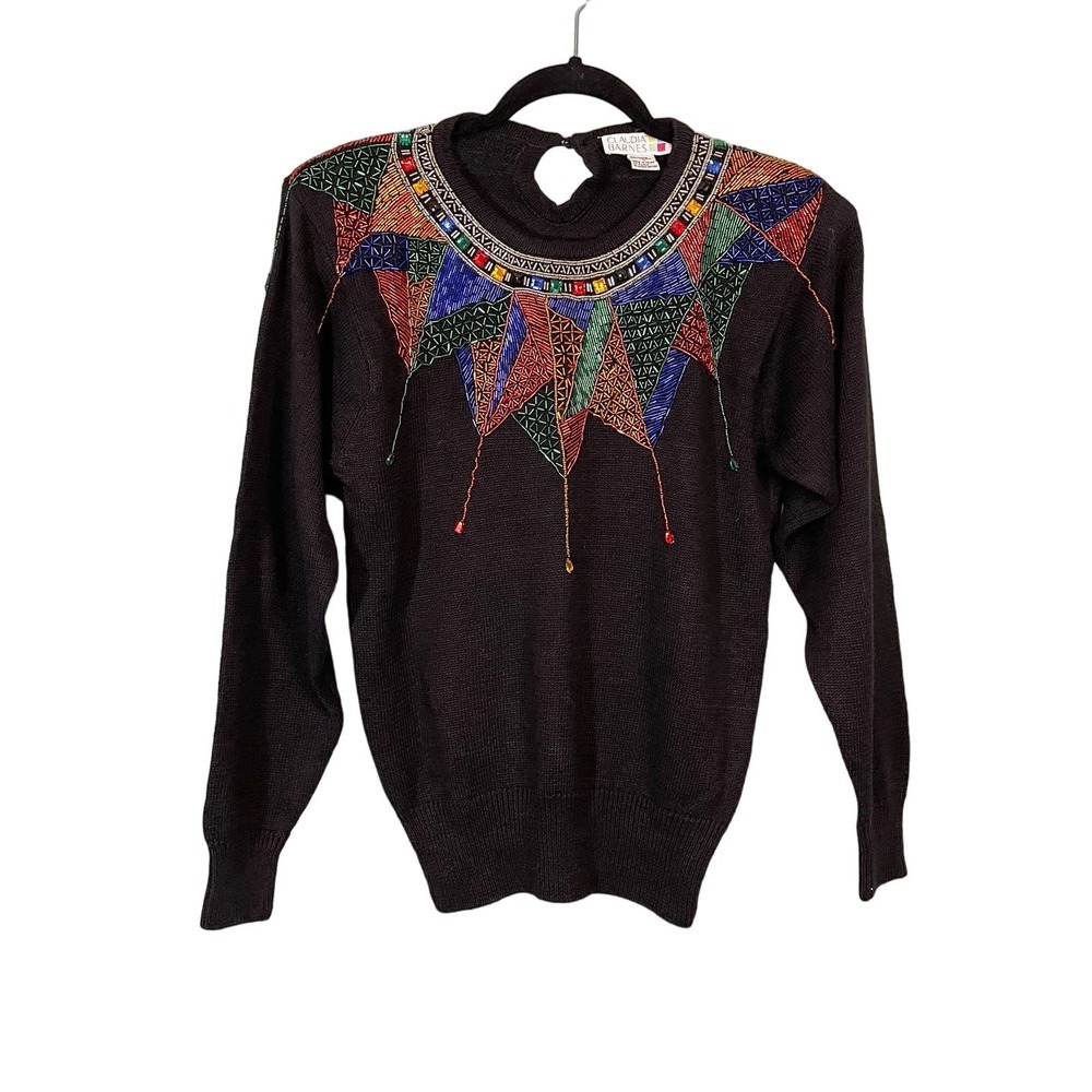 Vintage Claudia Barnes Women's Black Beaded Gemstone Crew Neck Sweater Medium
